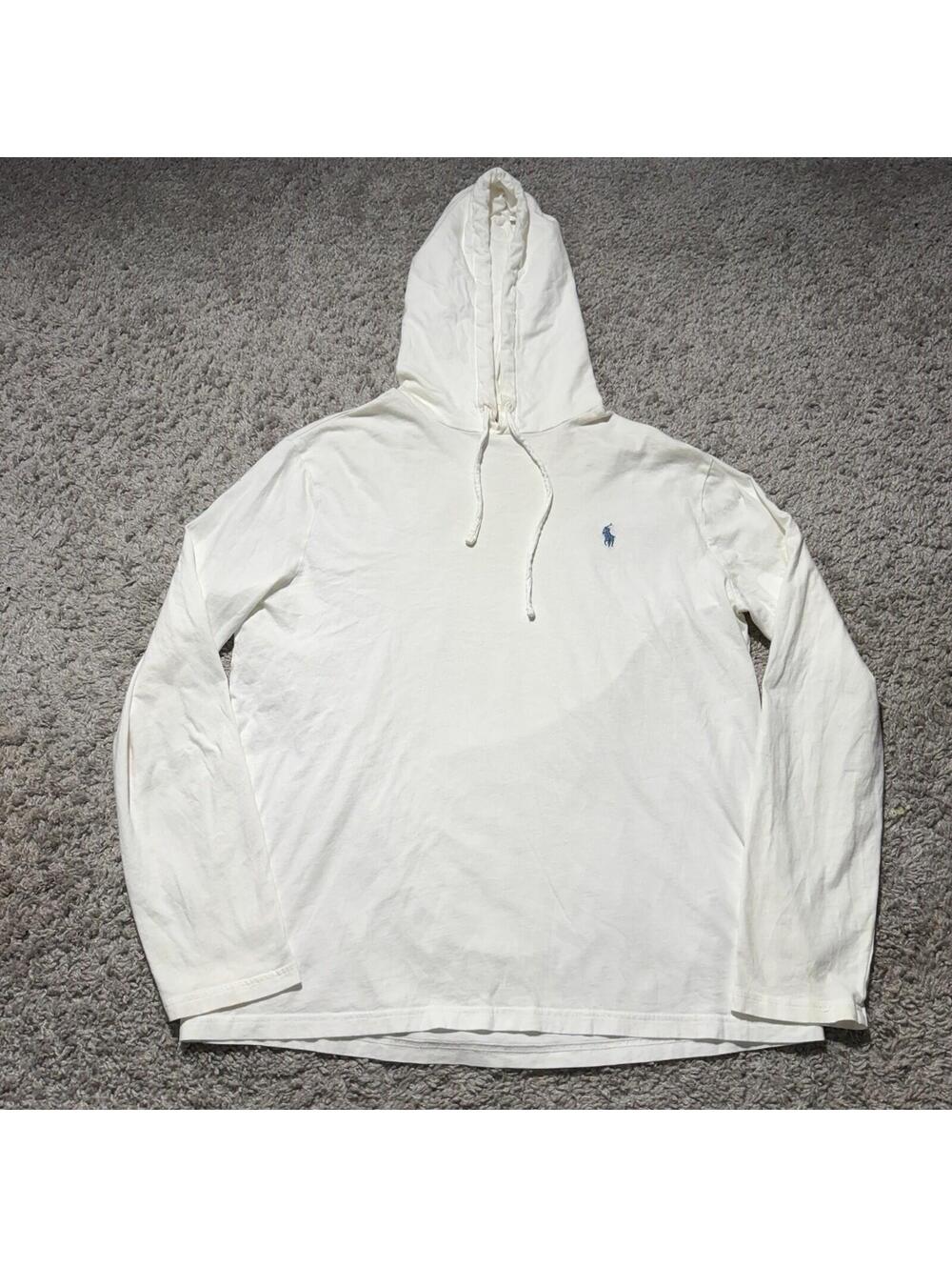 Polo Ralph Lauren Hoodie Pullover Jersey Lightweight T-Shirt Pony White Mens Lg